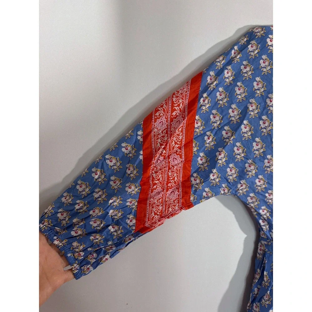 J. Crew Beachwear Blue Red Floral Block‎ Print Midi Dress Tie Waist Women's XS